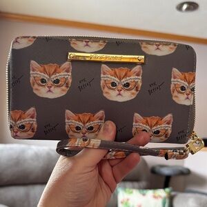 Betsey Johnson Gray Cat Print Wallet with Gold Details